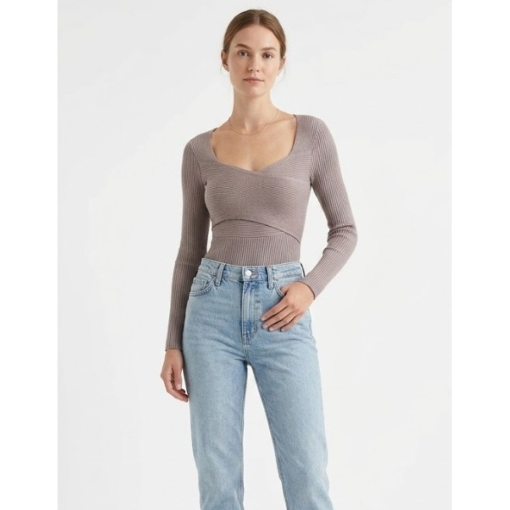 New Abercrombie & Fitch Ribbed Knit Wrap Bodysuit Small Taupe Long Sleeve Cutout